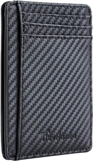 Travelambo Front Pocket Minimalist Leather Slim Wallet RFID Blocking Carbon Fiber Texture